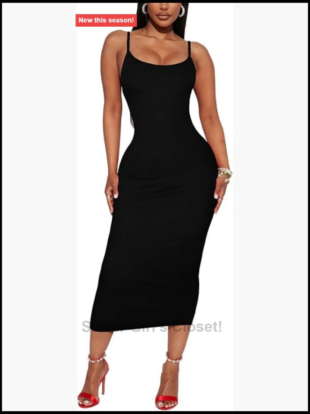 Spaghetti Strap Midi Bodycon Dress - Club Night Out Fitted Slip Dress